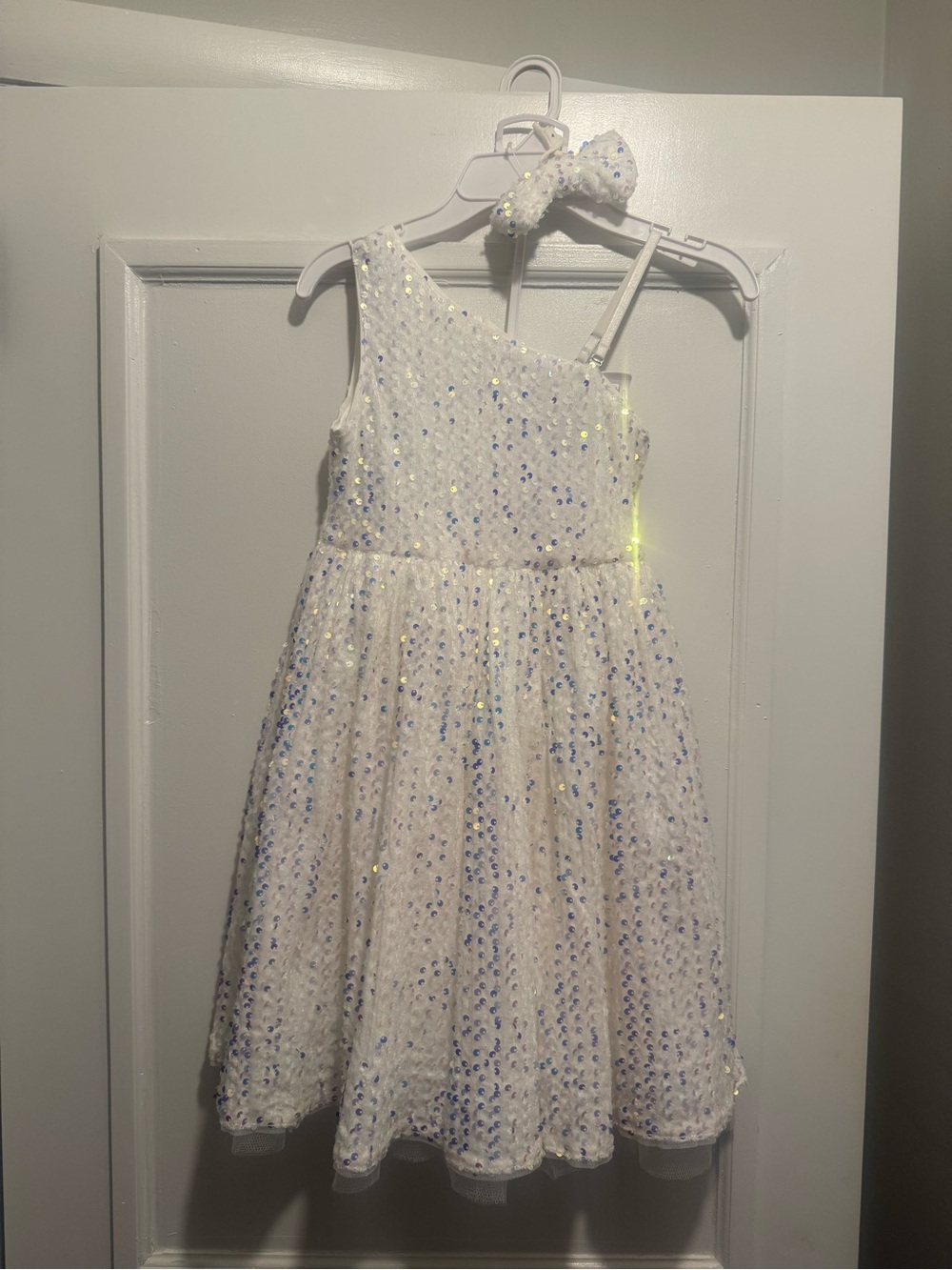 Grace Karin White Sequin One-Shoulder Party Dress with Hair Bow